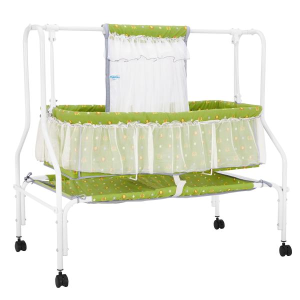 Supples Baby Cradle With Swing & Mosquito Net | For 0-8 Months Baby | Four Wheels With Brakes | Swing Lock & Storage | Sturdy & Safe | Green